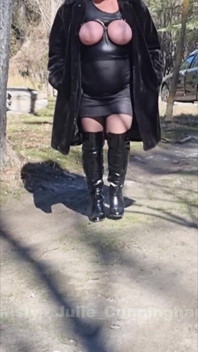 Julie Walking Through a Car Park Wearing Fur Coat, See Her Bound Tits Sticking Out