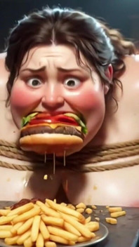 Tied up SSBBW Eats Massive Meal While Kneeling - Belly Stuffing