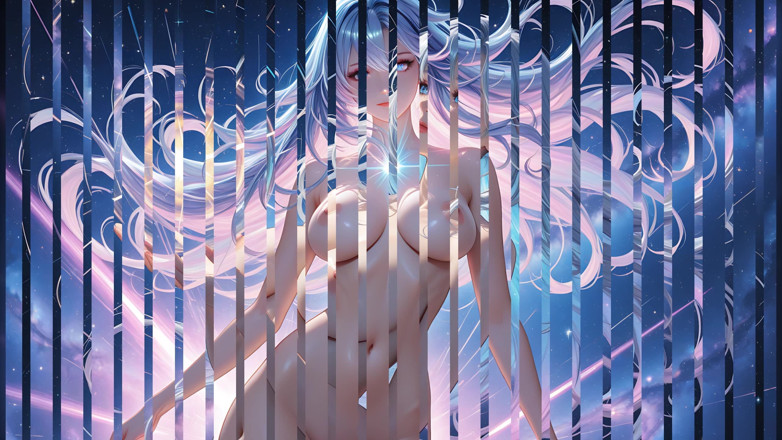 LustRender: Donna cibernetica nuda dal seno grande tra fascii di luce...
