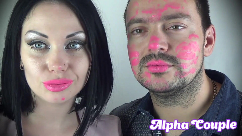 Goddess Misha Goldy: Covering Alex with pink neon shiny lipstick while kissing all...