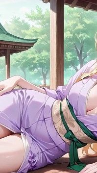 Șefă blondă într-un halat umed violet! Languidly trecerea între grădina japoneză și dormitorul ei privat