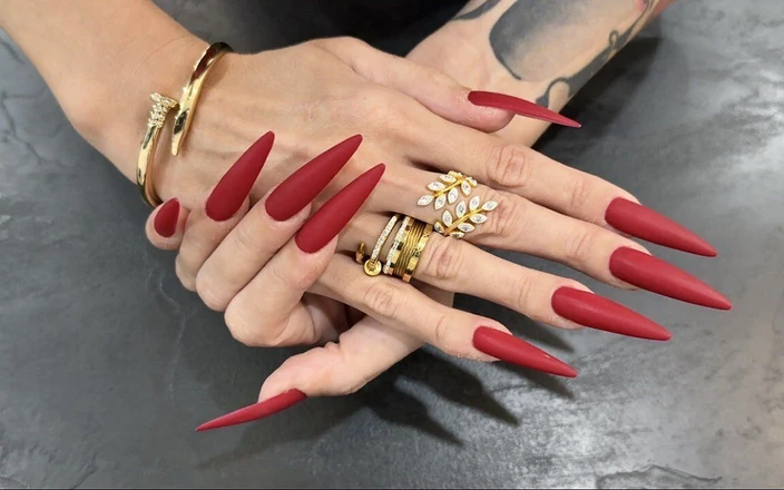 Julia domaina: Red Matte Color Long Nails, Palms and Long Fingers Wide