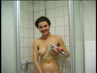 Lucky Cooch: Busty brunette is blowing hard dong in the bathroom