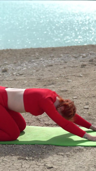 Doing Yoga Stretching Nerby Beautiful Lake