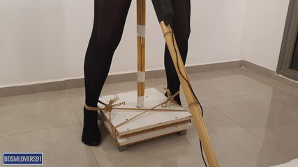 Bdsmlovers91: Shaking Legs in Black Pantyhose Standing Pole Bondage with None...