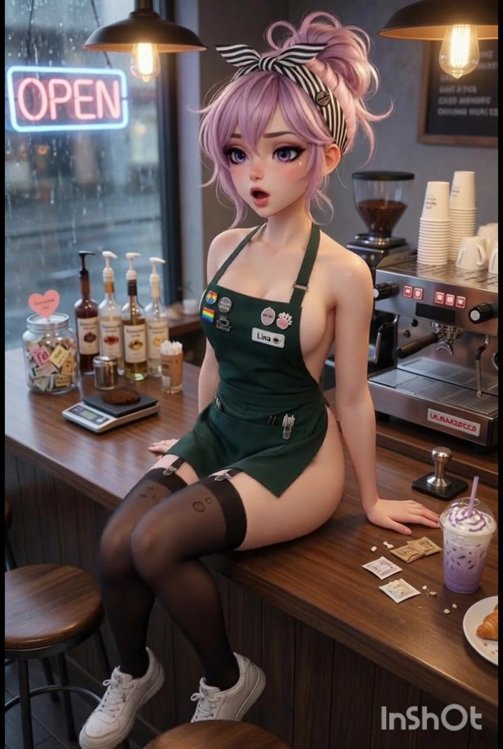 Wertstofsamler: 火辣性感的小咖啡师正在等待她的客户，mastubrating