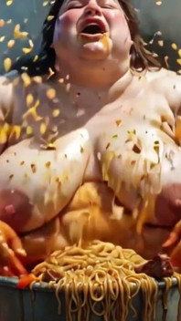 Maciça rabuda nua comendo comida como uma louca - buceta peluda exposta