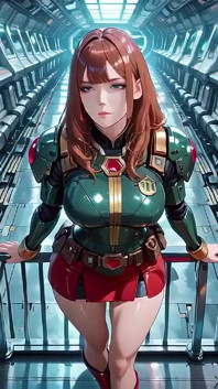 Inside the Sci-fi Train, She Wears a Tight Green Armor, Touching Her Red Lips While Gazing at the Galaxy Through the Porthole.