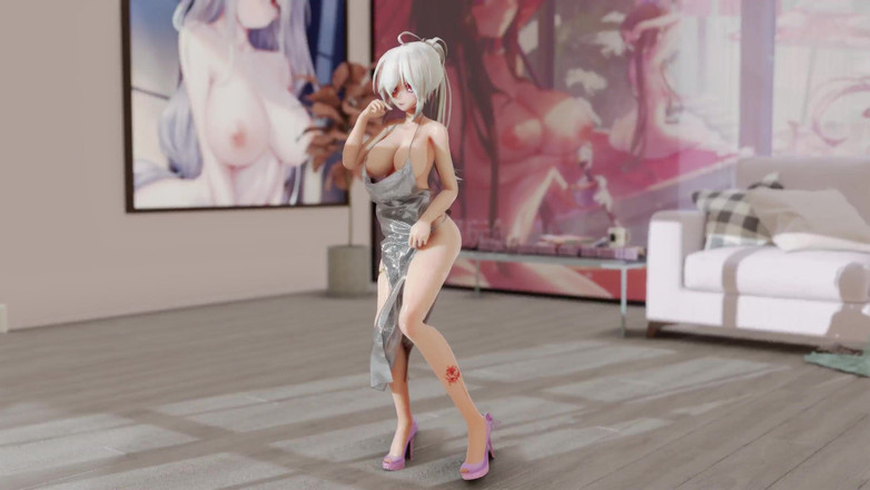 MikuMotion: Iu-lila jurk striptease rondborstige