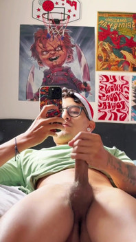Sexy Guy with Glasses Masturbates in Front of the Mirror Until He Cums