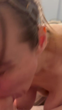 Mature Sucking the Cum Out with Her Hanging Boobs Swinging Cum in Mouth