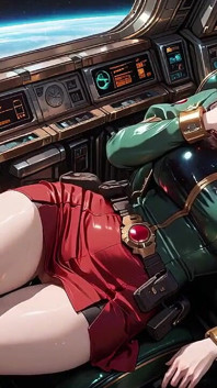 Dentro del tren de ciencia ficción, usa una armadura verde apretada, tocando sus labios rojos mientras mira la galaxia a través de la porra.
