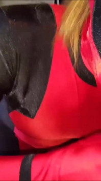 Zentai Deadpool girl costume blowjob