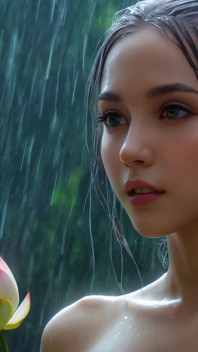 Ai fantasy оголена дівчина ельфа серед квітів лотоса в художньому слайд-шоу rain