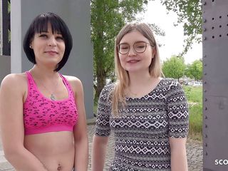 German Scout: GERMAN SCOUT - Two skinny girls first time ffm 3some at pickup...
