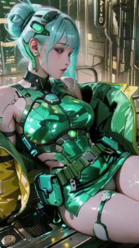 ¡La chica blindada verde! Valquiria de pelo plateado arrodillando y mirando la espalda, dedos trazando su traje metálico frío.