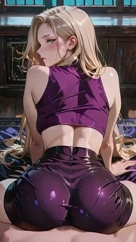 보라색 란제리 반짝이는 블랙 스커트 빨간 스타킹 하이힐을 신은 금발의 폭탄