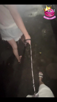 Late Night Stroll with My Locked Chastity Subs Caged Cock Exposed and on a Leash