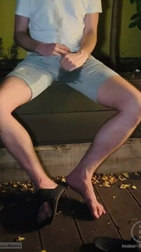 Amateur Twink in Adilette Sandals Wets Himself in the Garden and Takes His Cock Out