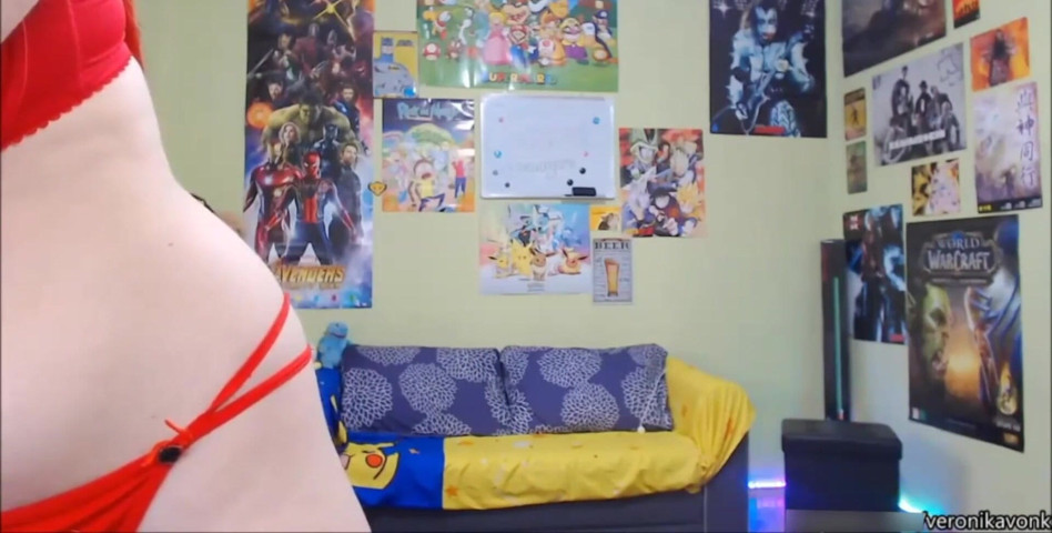 Busty Gamer Teen in Red Lingerie Showing Boobs and Ass (Veronika Vonk)