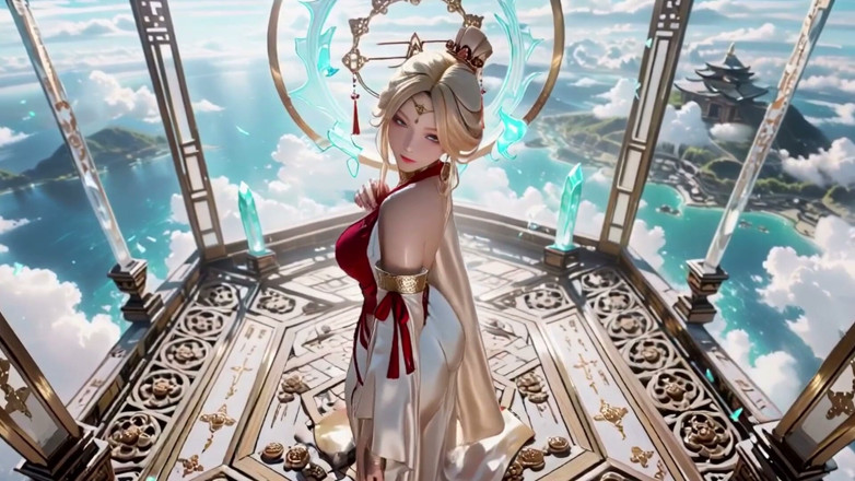 Seraphina Vale: Deusa celestial desce! Hanfu vermelho e branco, cabelo dourado, descalçado...