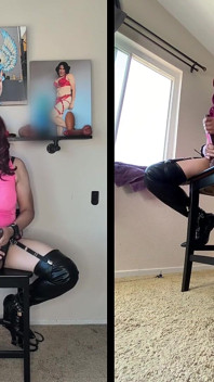 Sissy in castità si strofina il clitoride bloccato con dildo e giocattoli