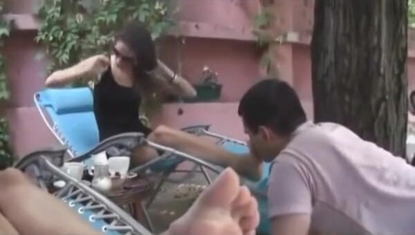 Foot Girls: Arrogant crude brats use her foot slave on the loggia...