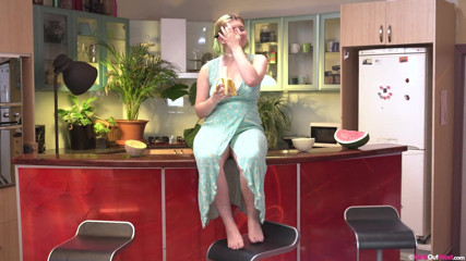 Girls Out West: Hairy cutie plays with fruit then fingers her cunt and...