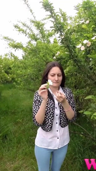 Desperate Girl Full Bladder Trying to Pee in the Forest and Smelling the Flowers