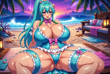 Gaming vision: Neon Beach při soumraku - Siren Plavky nahá kundička show