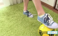 Cute jock angel strokes his meat to cum on the soccer ball