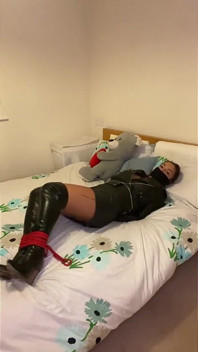 Latina in Leather Boots and Full Leather Outfit Tied Tight and Wrap Gagged
