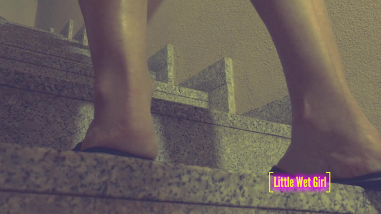 Little Wet Girl: Desperate pissing in shorts and panties on the stairs
