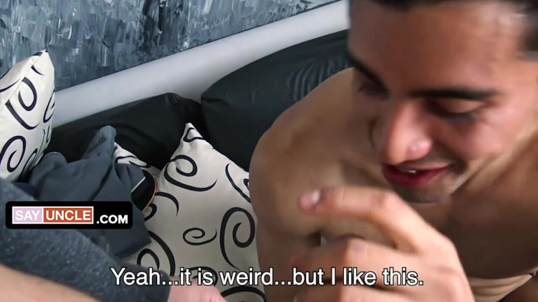 Say Uncle: Handsome Latin stud deepthroats and rides stranger's huge cock then...
