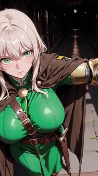 Blonde knights nachmittag! Grüne Uniform, goldene mechanische Arme, faul betrachten in alten Steinruinen.