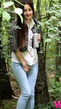Skinny Brunette in the Woods Desperate to Pee Wet Her Pants