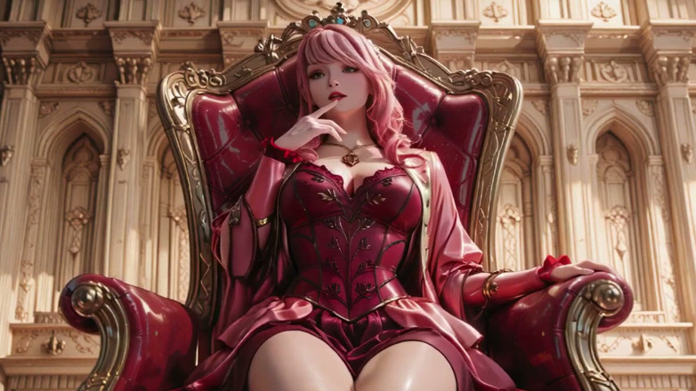 Seraphina Vale: Crimson Throne the Pink Queen का राज्याभिषेक! गहरी लाल रेशमी, गोल्डन गॉबल्ट, और गद्दी से आलसी टकटकी। Pure Fantasy