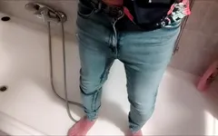 Crossdresser Peeing in Jeans and Showering