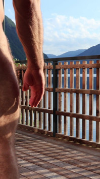 Hairy Bodybuilder Stripping and Jerking off on Alpine Terrace