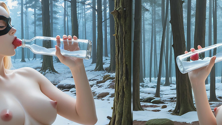 LustRender: 美しい裸の女性がストロベリーブロンドの髪で自分の乳首を吸う