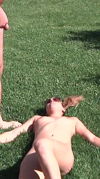 Guy with Mask Pisses on Skinny Brunette and Then Fingers Her and She Blows His Cock