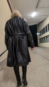 Public Walk in Parking House, Blonde in Overknee Boots, Red Pvc Dress and Long Leather Coat.