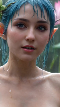 Ai Fantasy, une elfe nue au milieu de fleurs de Lotus sous la pluie