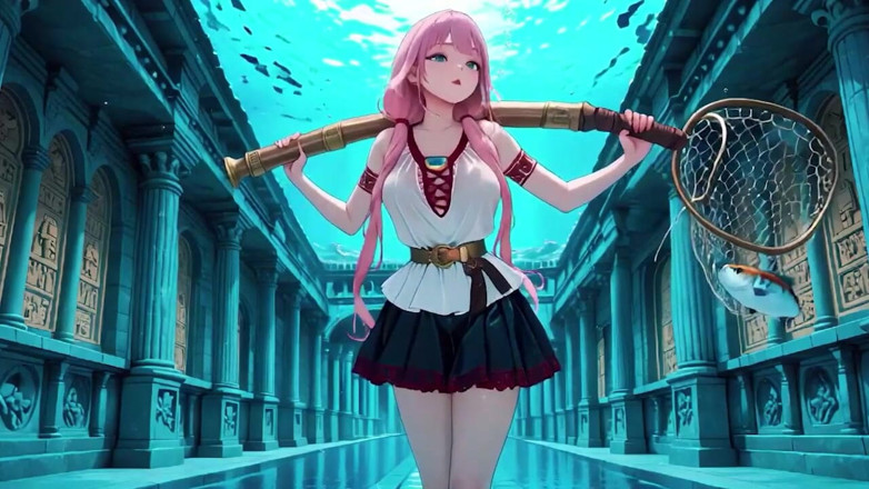 Tay Swift X: 水下幻想粉红色头发的女孩在水手西装懒散地闲逛，指尖抚摸水，阳光湿润她的皮肤。