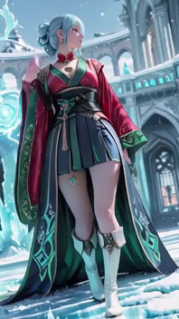 IJstronen! Zilverharige Mage in rood-groene jurk knielend, blauwharige partner plaagt in Realm!