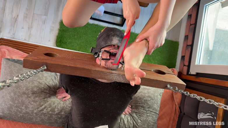 Mistress Legs: Foot Dust Feast Pedicure Scrapings Straight Into Slave's Mouth