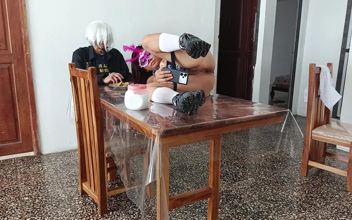 Goky: She Climbs on the Table and Opens Her Pussy!!