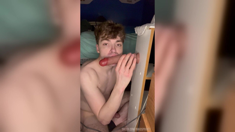 Niko Springs: Cock-desperate Twink Swallows Giant Dildo