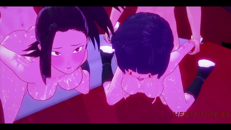 Yaoitube: Boku No Hero, хентай - оргия Yaoyorozu Momo, Ochako Uraraka и Kyoka Jiro с Деку, Тодороки