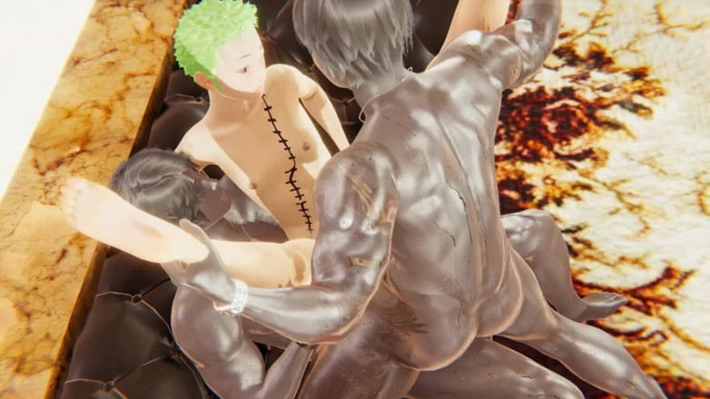 Yaoitube: One Piece Yaoi - Zoro em uma dupla penetração anal